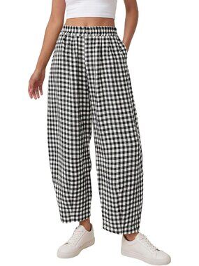 Women's Black Plaid Casual Loose Wide Leg Trousers Spring Fashion Beach Bottoms